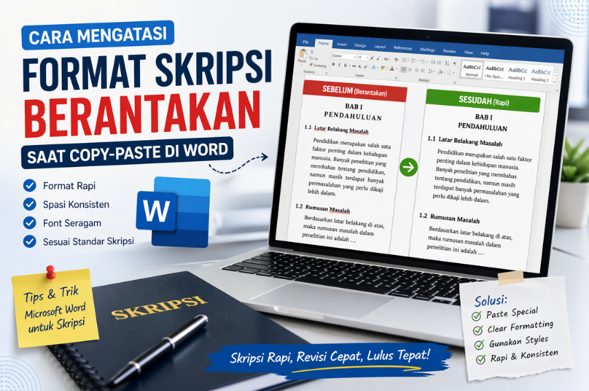Informational banner about fixing messy thesis formatting in Word, showing a laptop with before/after pages, a 'Tips & Trick Word untuk Skripsi' note, and a notebook labeled Skripsi.