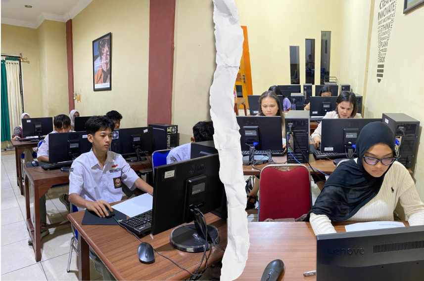 Two groups of students work at desktop computers in a computer lab, split by a torn paper divider down the middle; left side shows a male student in a white shirt, right side shows students including a hijab-wearing woman.