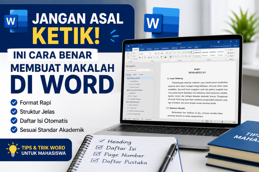 Indonesian poster teaching proper Word formatting for students, with a laptop, checklist, and books.