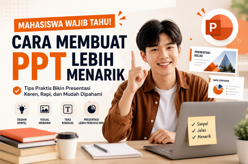Young man at a desk points upward beside a bold guide title about making PPTs more appealing for students; laptops, notebooks, and coffee on the desk.