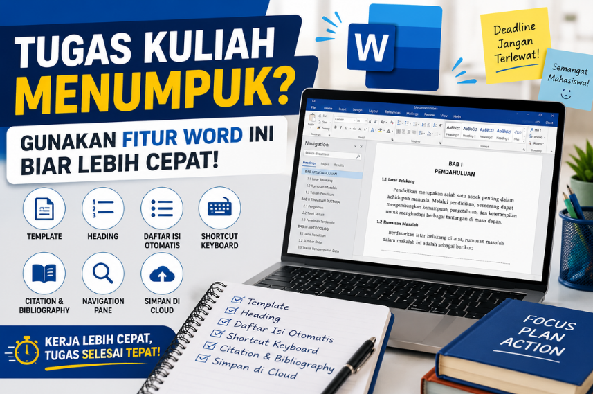 Promosi visual tentang tugas kuliah menumpuk yang dipermudah dengan fitur Word: template, heading, daftar isi otomatis, shortcut keyboard, navigasi pane, dan simpan di cloud di layar laptop.